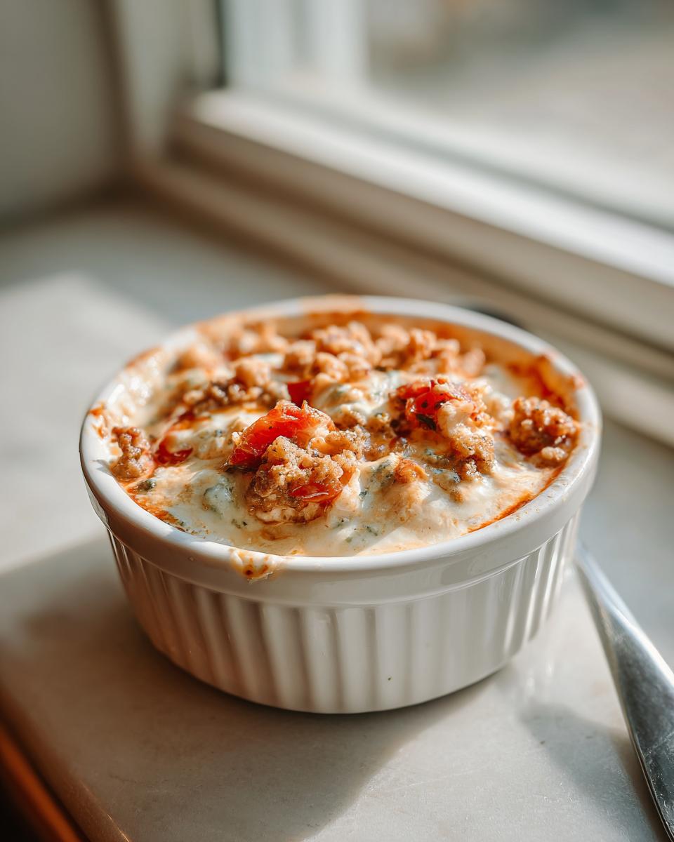 Close-up of a warm, baked sausage cream cheese dip served in a white fluted ramekin near a window.