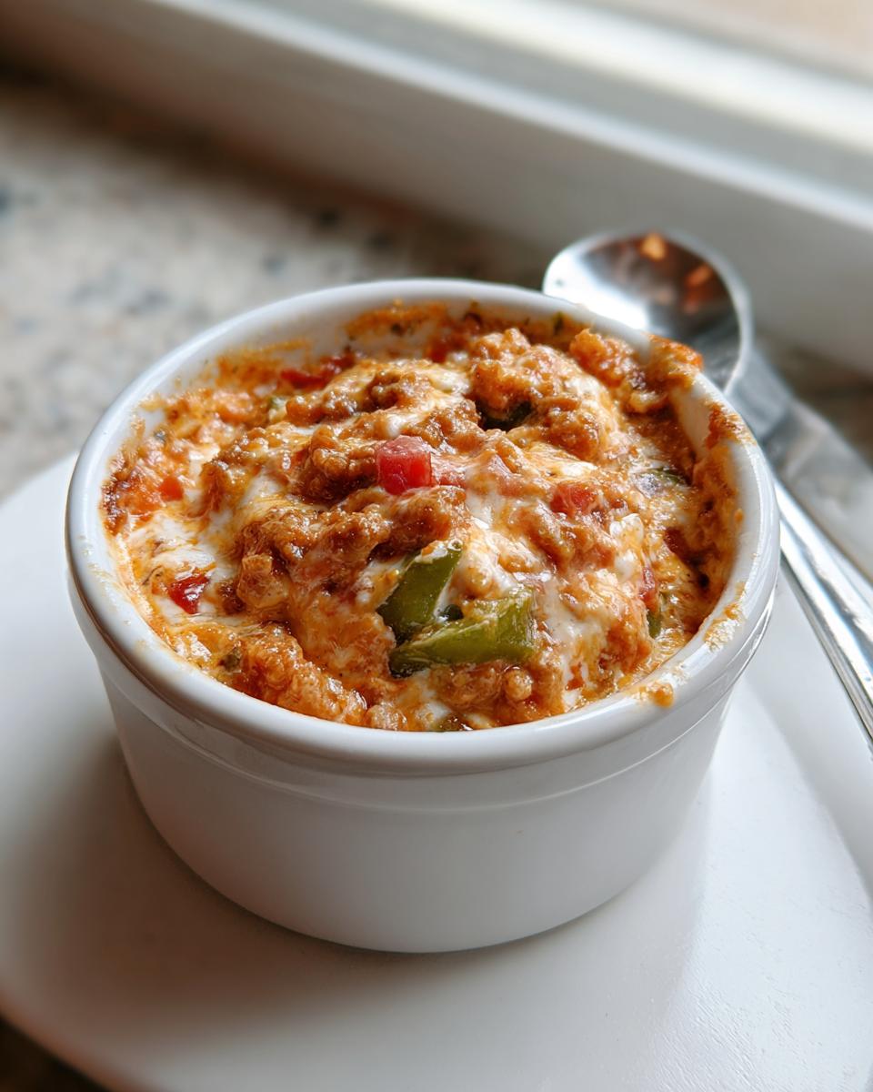Close-up of hot, cheesy sausage cream cheese dip baked in a white ramekin with visible peppers.