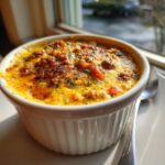 Close-up of hot, baked sausage cream cheese dip bubbling in a white ramekin, served by a window.