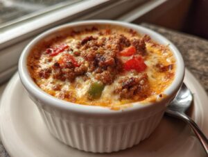 Close-up of hot sausage cream cheese dip, baked until bubbly with browned edges, served in a white ramekin.