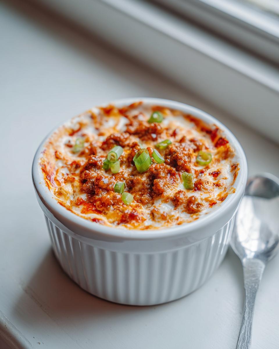 A small white ramekin filled with hot sausage cream cheese dip, topped with green onions.