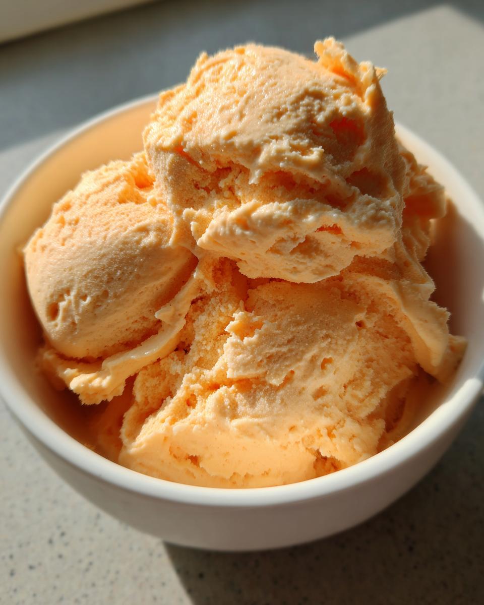 Close-up of several scoops of light orange pumpkin fluff dessert served in a small white bowl.