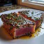 Two slices of perfectly seared tuna steak, rare in the center, covered in a flavorful herb and spice crust.