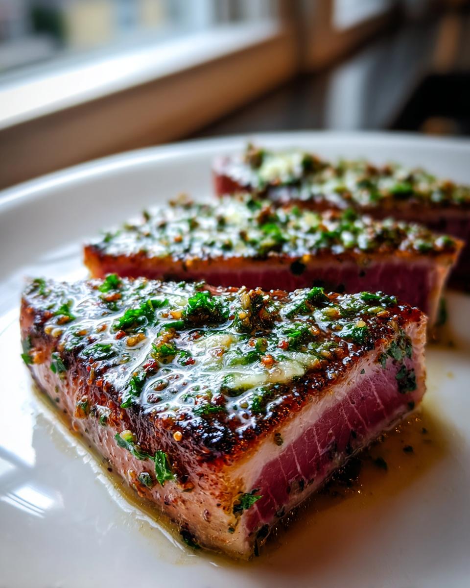 Close-up of a perfectly seared tuna steak, cooked rare in the center, topped with a glistening herb and spice marinade.