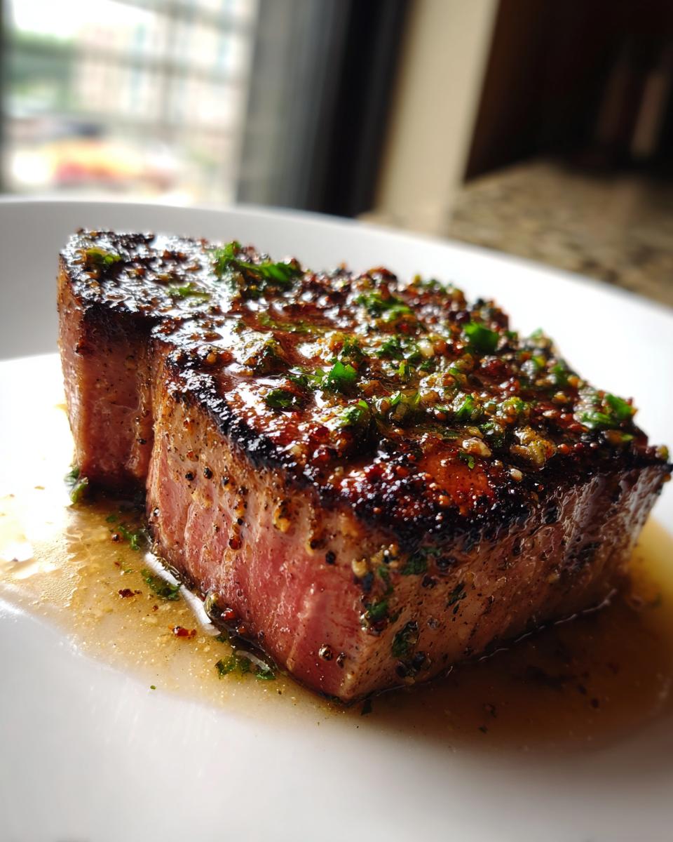 Close-up of a perfectly seared, medium-rare tuna steak topped with a glistening herb and spice glaze, resting in its juices.