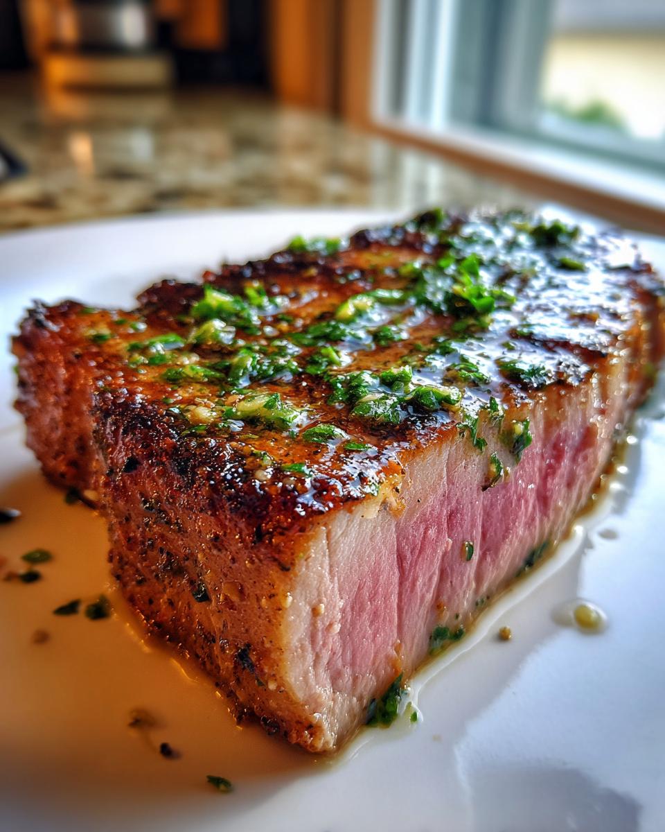 Close-up of a thick, perfectly seared tuna steak, cooked medium-rare, topped with glistening herb sauce.