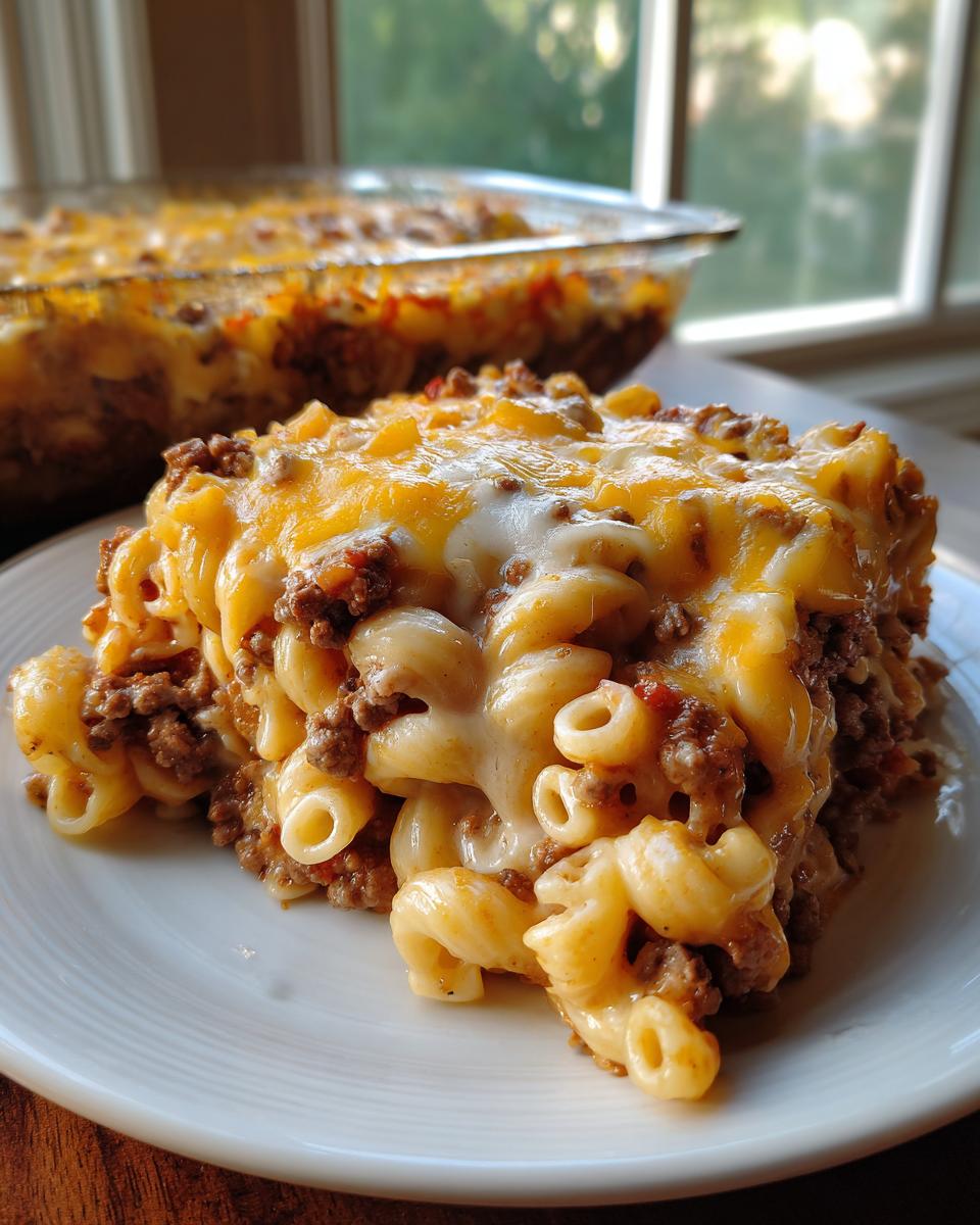 A hearty serving of cheeseburger casserole featuring elbow macaroni, ground beef, and melted cheddar cheese on a white plate.