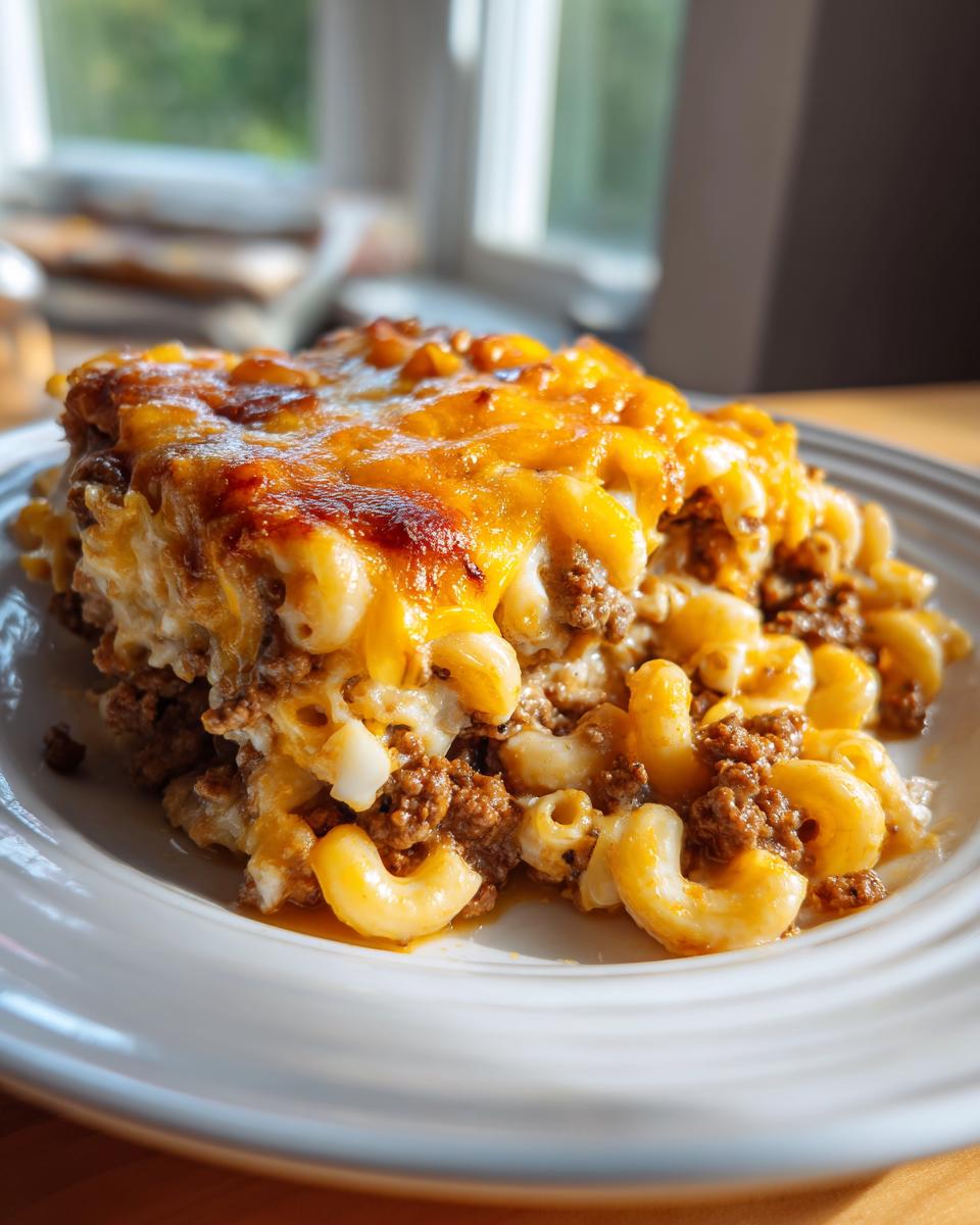 A hearty serving of cheeseburger casserole featuring elbow macaroni, ground beef, and a thick layer of melted, browned cheddar cheese.
