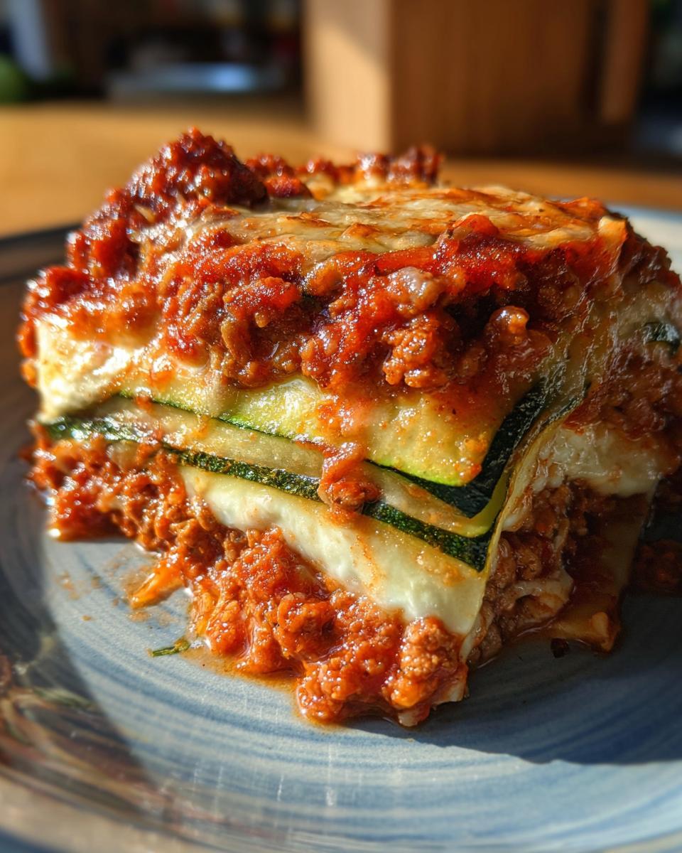 A close-up of a hearty slice of zucchini lasagna, showing layers of zucchini, cheese, and rich meat sauce.