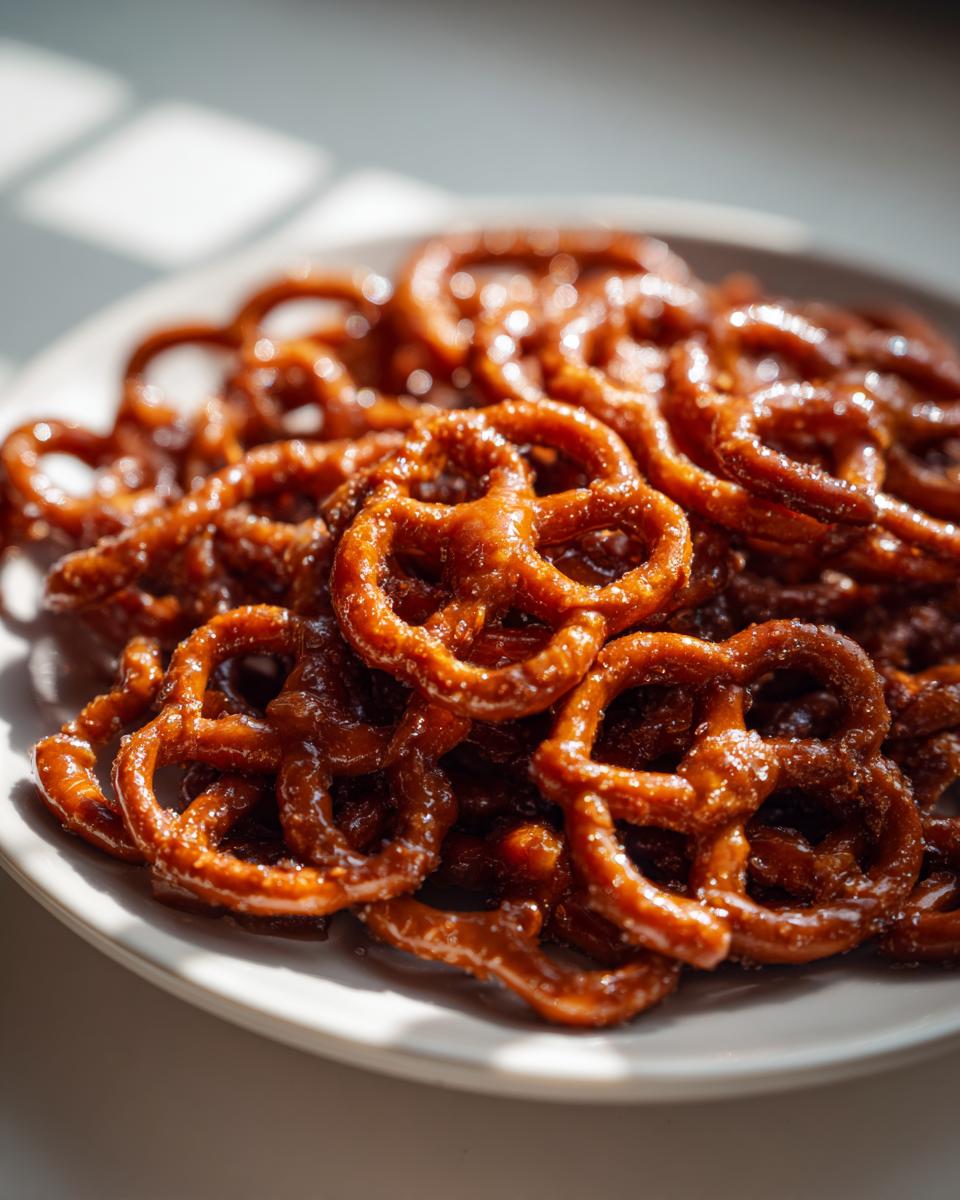 A pile of shiny, brown, glazed toffee pretzels stacked on a white plate, catching the sunlight.