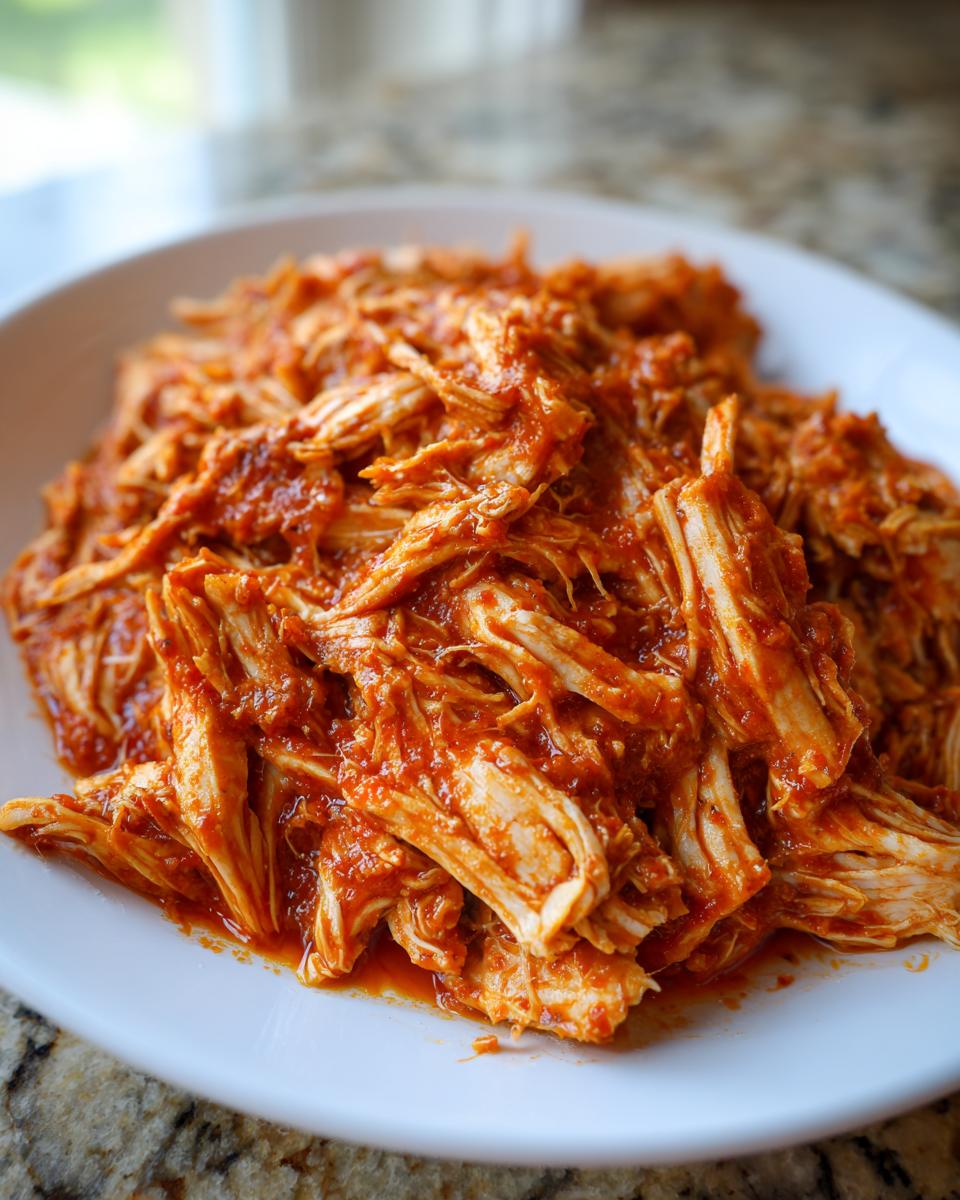 Close-up of shredded chicken tinga coated in a vibrant, smoky red tomato sauce, served on a white plate.