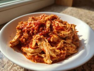 Close-up of shredded chicken tinga coated in a vibrant red, smoky tomato sauce, served in a white bowl.