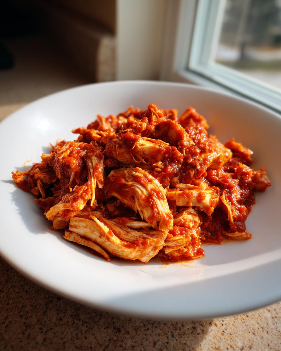 Close-up of shredded chicken tinga coated in a vibrant red, smoky sauce, served in a white bowl.