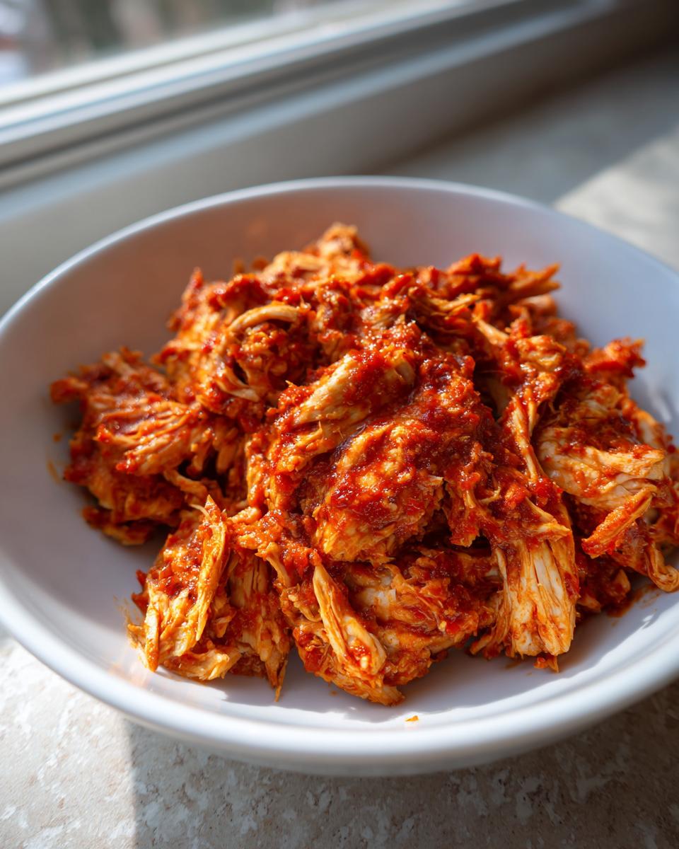 Close-up of shredded chicken tinga coated in a vibrant red, smoky sauce, served in a white bowl.