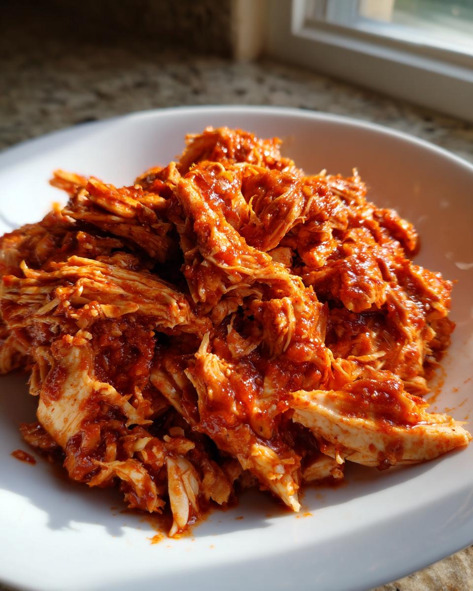 Close-up of shredded chicken coated in a vibrant red, savory sauce, ready to serve as chicken tinga.