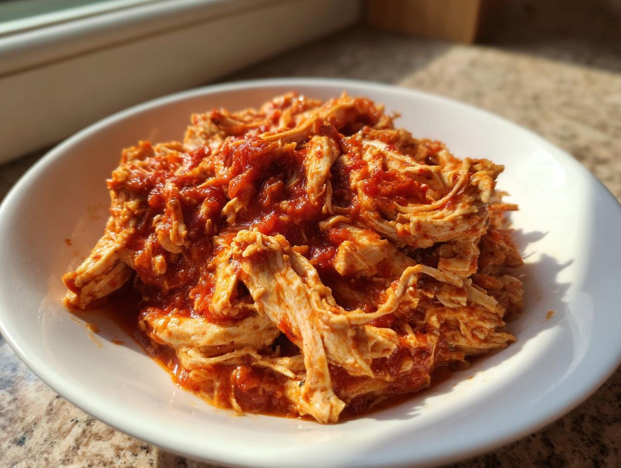 Close-up of shredded chicken tinga coated in a vibrant red, smoky tomato sauce, served in a white bowl.