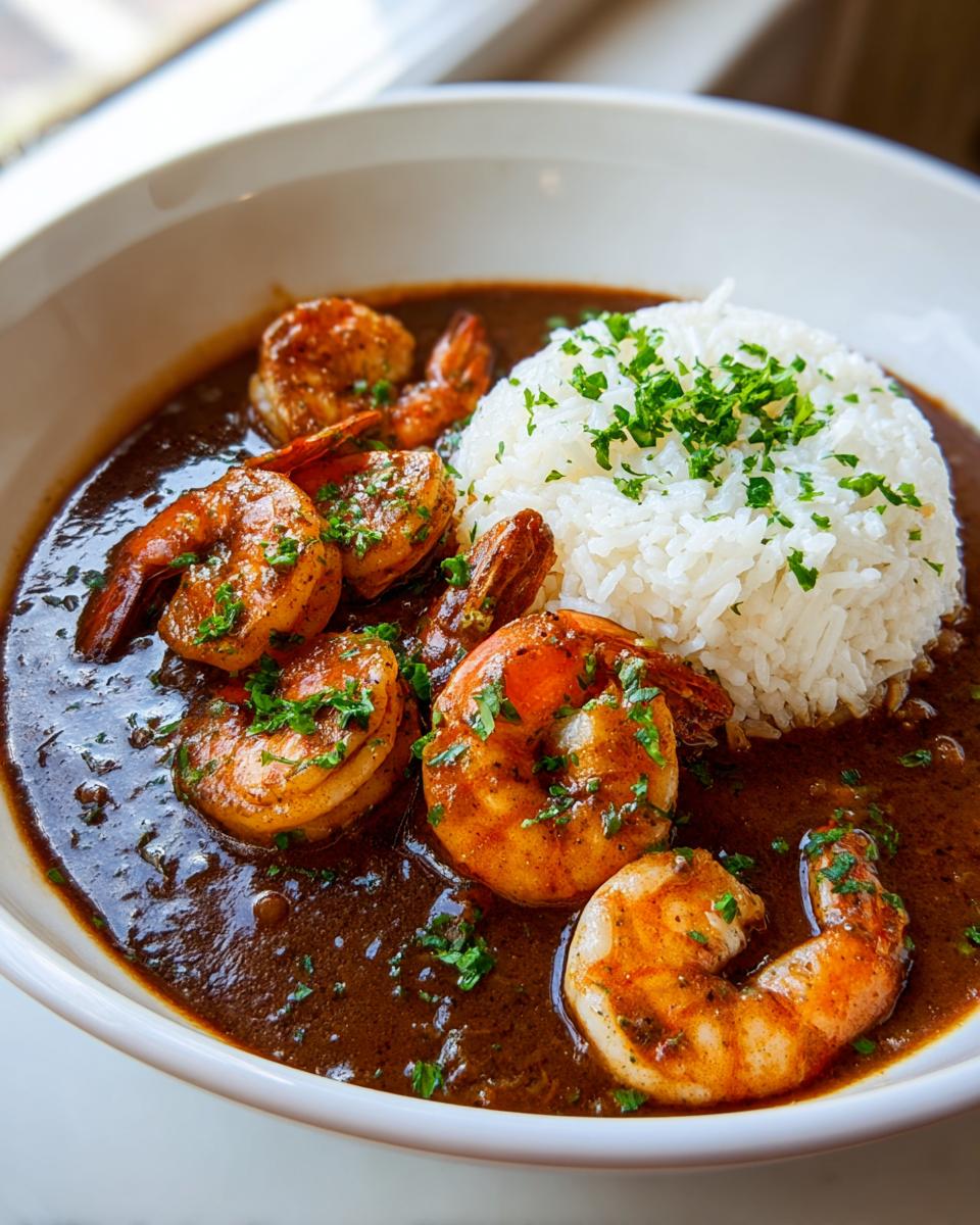 A close-up of rich, dark shrimp etouffee served with a mound of white rice topped with parsley.