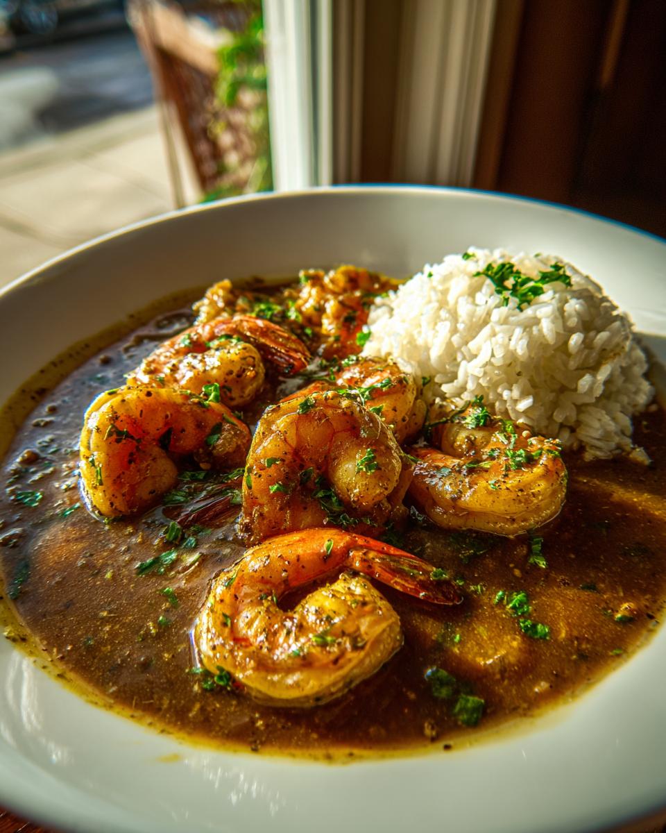 Close-up of rich, dark shrimp etouffee served with fluffy white rice, garnished with parsley.