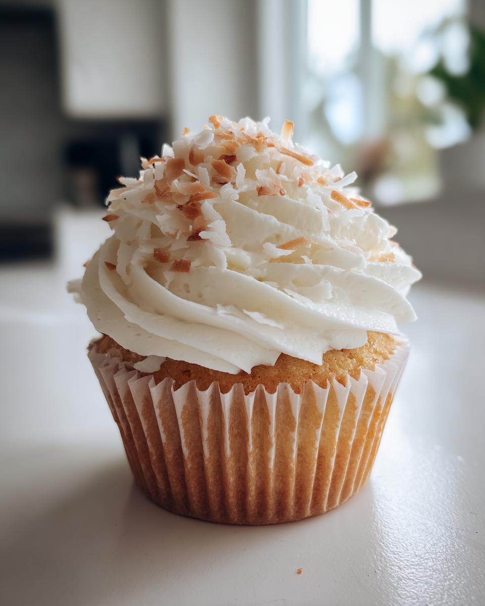 Close-up of a single, light yellow coconut cupcake topped with white frosting and toasted coconut flakes.