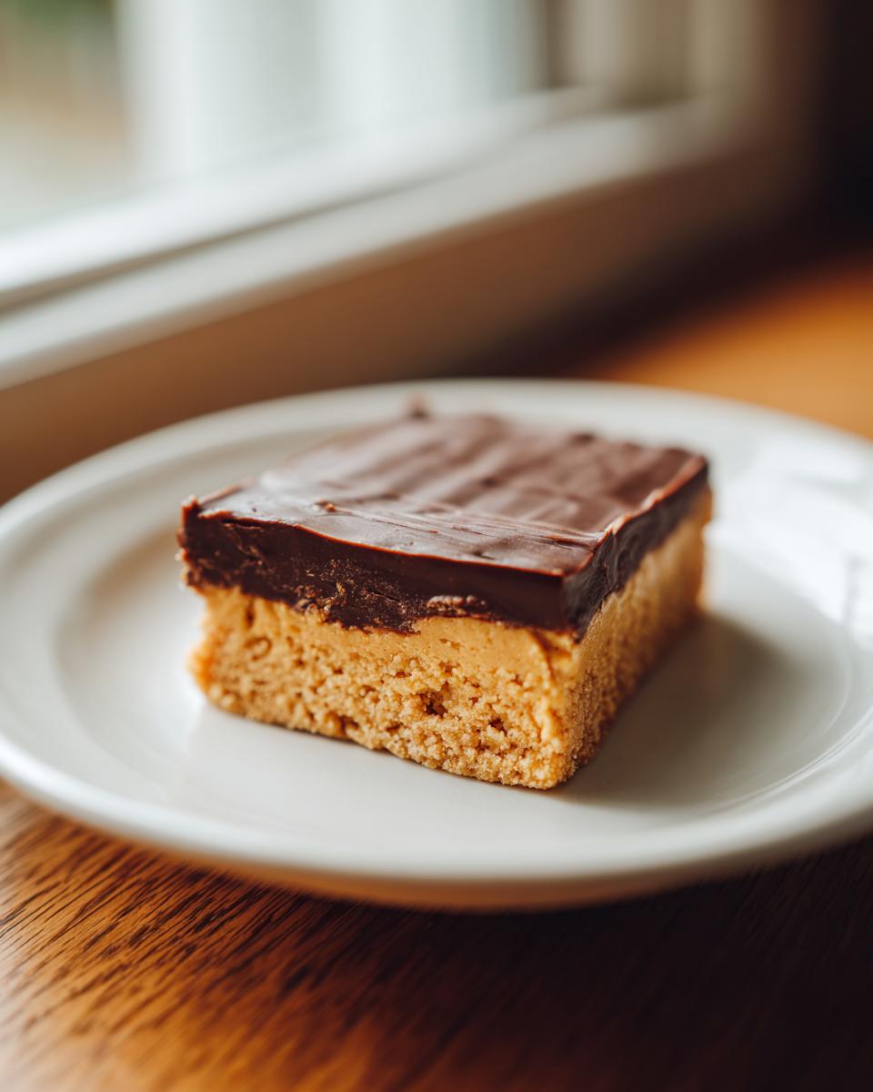 A close-up of a single square of peanut butter bars with a thick chocolate ganache topping on a white plate.