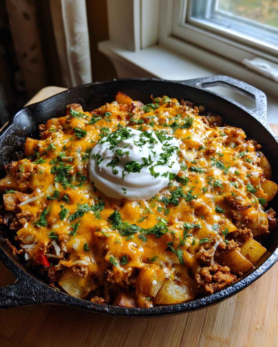 A cast iron skillet filled with Cheesy Taco Potatoes, topped with melted cheddar cheese, ground meat, and a dollop of sour cream.