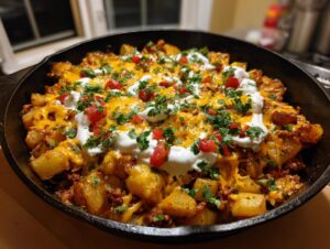 A cast iron skillet filled with Cheesy Taco Potatoes topped with melted cheddar, sour cream, diced tomatoes, and cilantro.