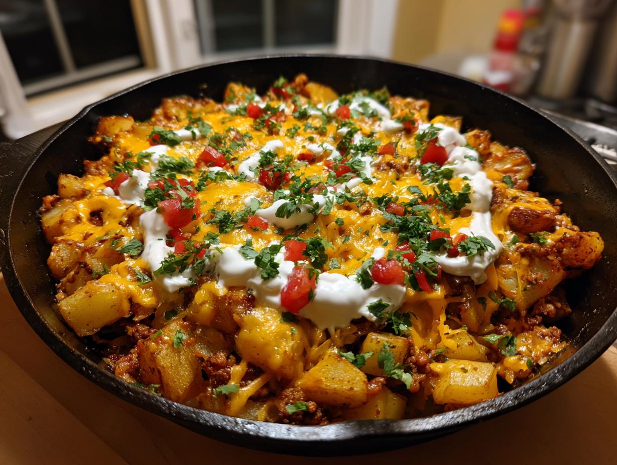 A cast iron skillet filled with Cheesy Taco Potatoes topped with melted cheddar, sour cream, diced tomatoes, and cilantro.