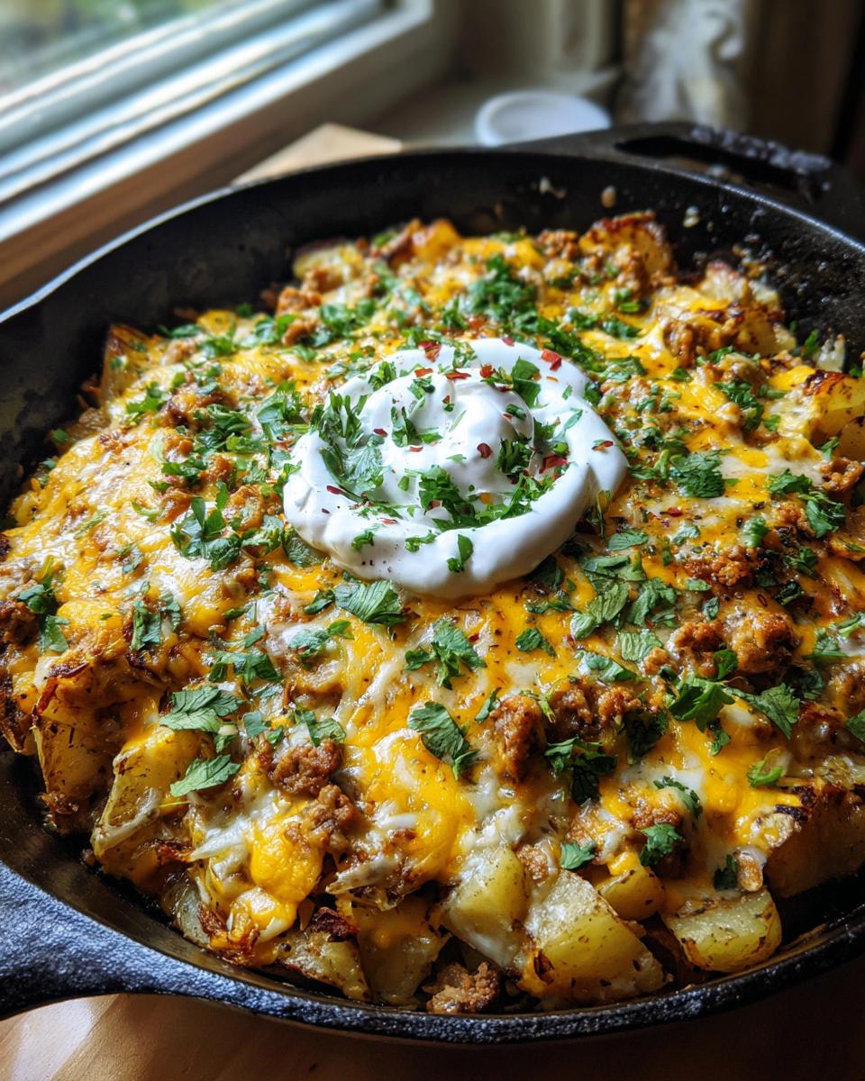 Close-up of Cheesy Taco Potatoes baked in a cast iron skillet, topped with melted cheese, ground meat, and a dollop of sour cream.