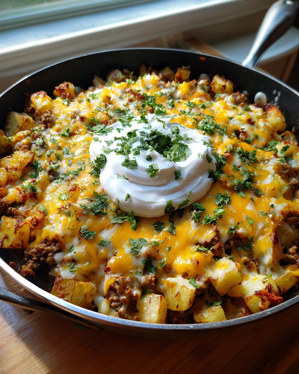 A close-up of Cheesy Taco Potatoes cooked in a skillet, topped with melted cheddar cheese, sour cream, and fresh cilantro.