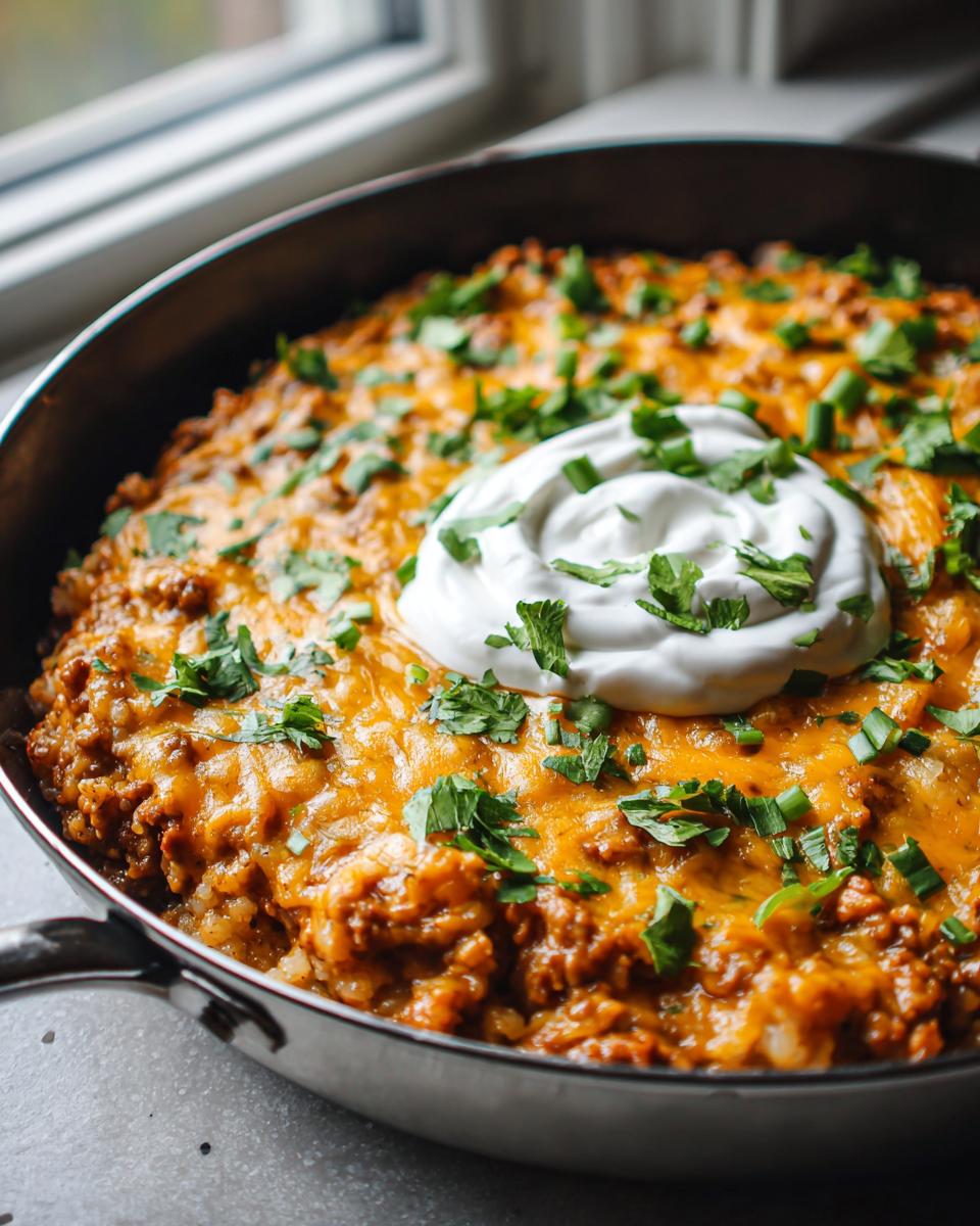 Close-up of Cheesy Taco Potatoes in a skillet, topped with melted cheddar, sour cream, and fresh cilantro.