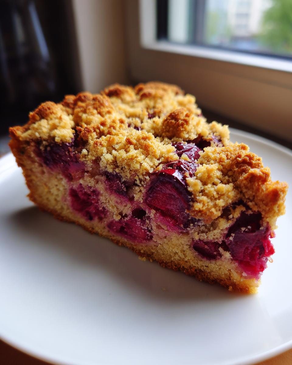 A close-up of a moist slice of plum cake with visible fruit pieces and a golden crumb topping, served on a white plate.