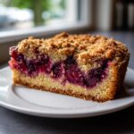Close-up of a moist slice of plum cake with a thick layer of dark purple fruit and a golden brown streusel topping.