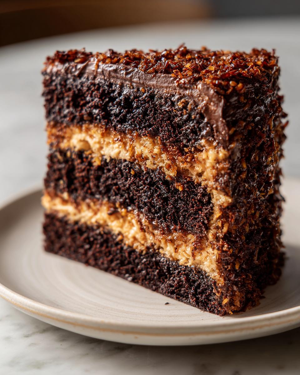 Close-up of a moist slice of german chocolate cake showing dark layers and a thick coconut-pecan filling.