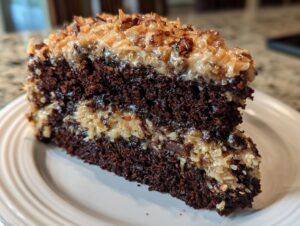 A close-up of a moist slice of german chocolate cake featuring dark layers and thick coconut pecan frosting.