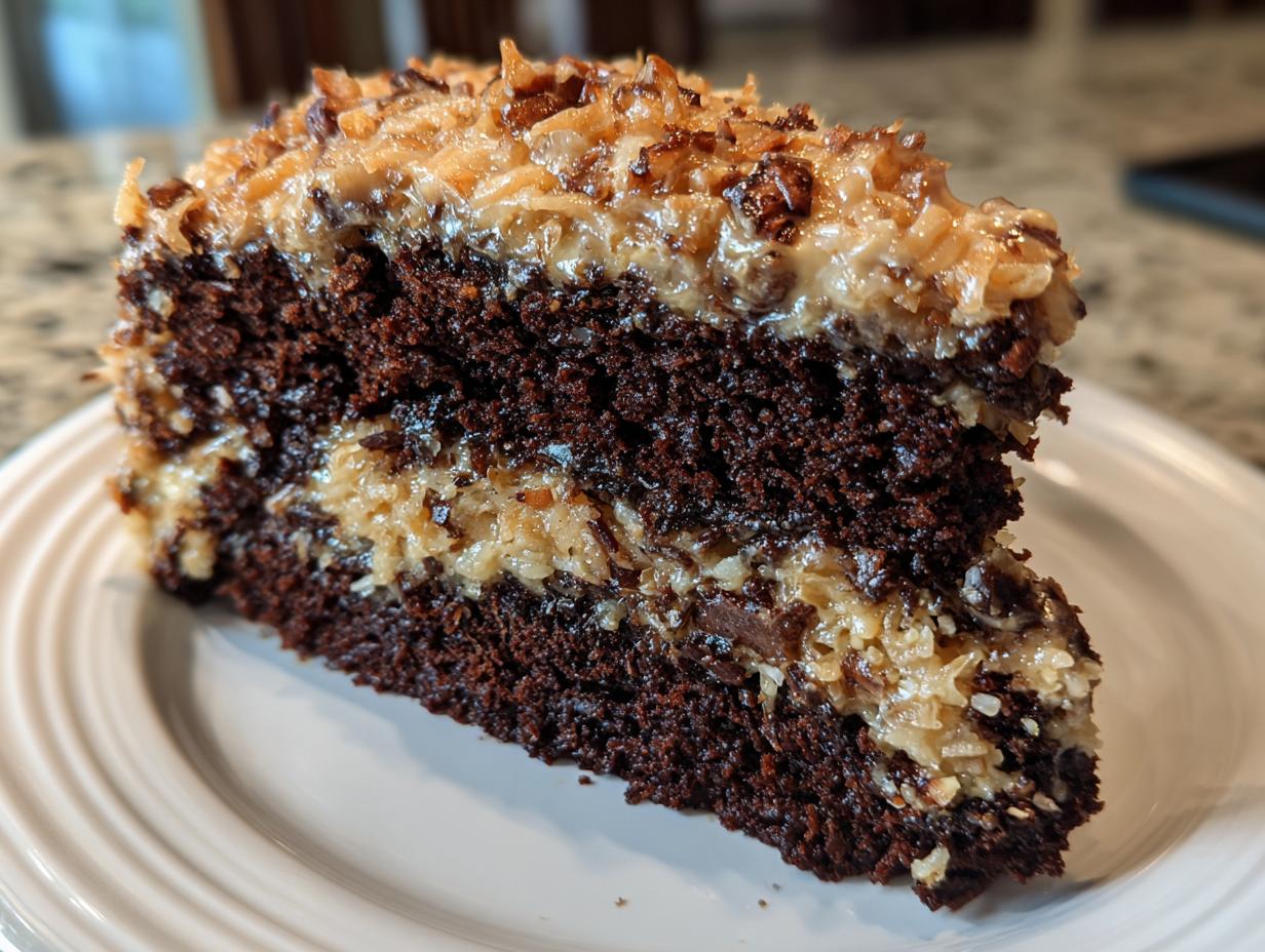 A close-up of a moist slice of german chocolate cake featuring dark layers and thick coconut pecan frosting.