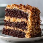 A decadent slice of multi-layered german chocolate cake featuring dark chocolate layers and thick coconut-pecan frosting.