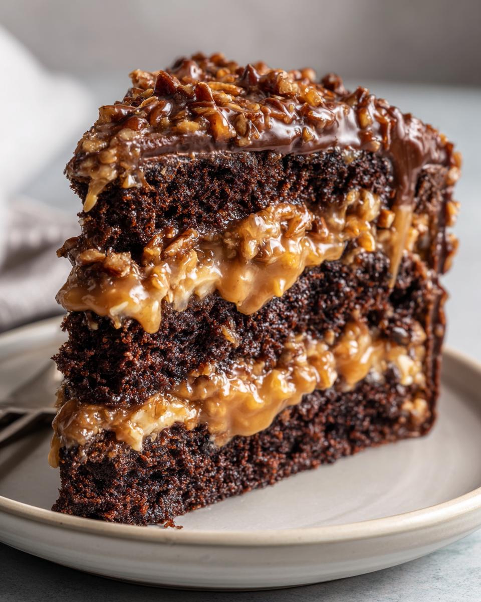 A tall, moist slice of german chocolate cake with thick layers of coconut-pecan filling.
