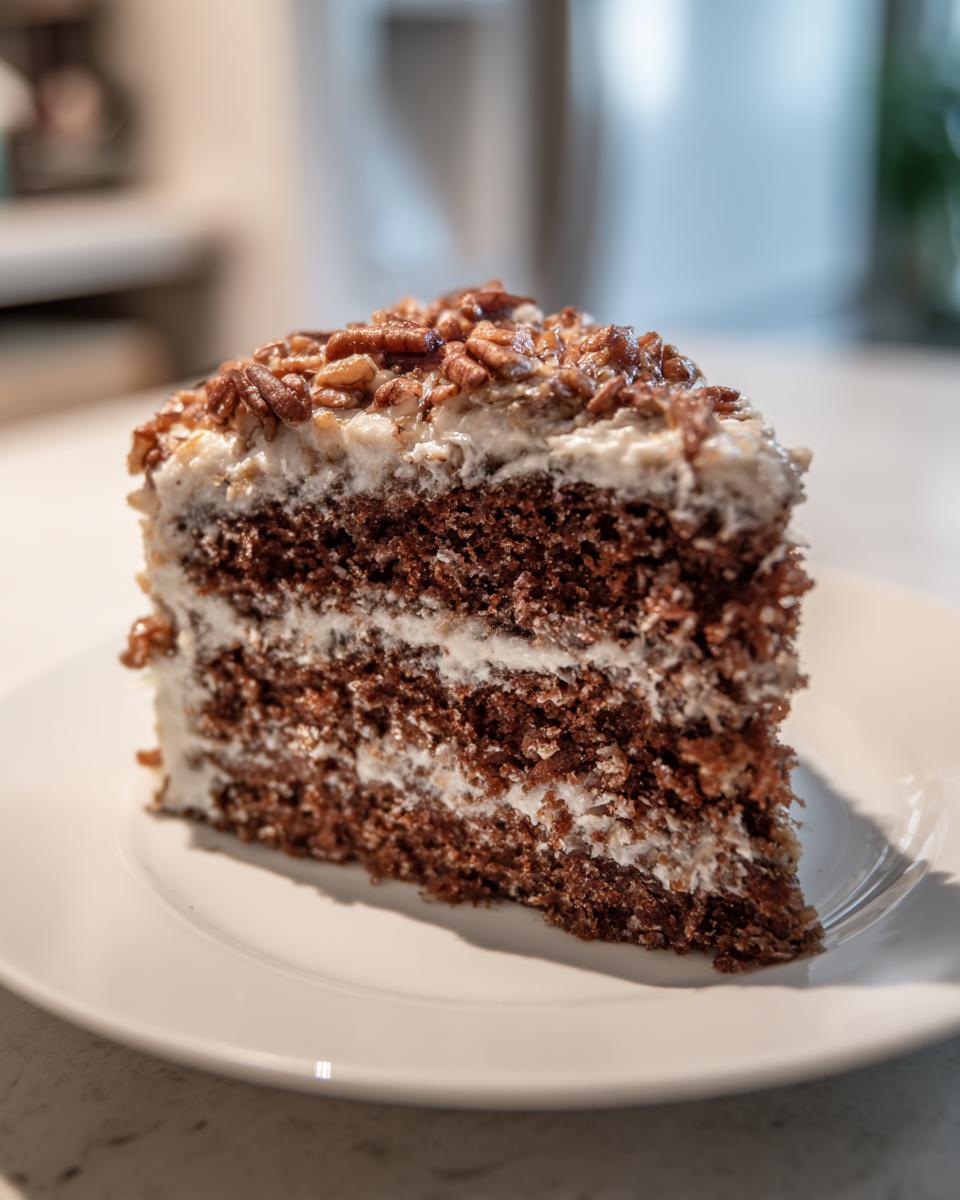 A close-up of a rich slice of german chocolate cake layered with white frosting and topped with candied pecans.