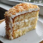 A tall, moist slice of layered coconut cake with white frosting and toasted coconut flakes on top.