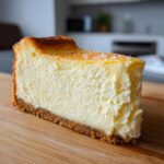 A thick, creamy slice of new york cheesecake with a graham cracker crust and a slightly browned top.