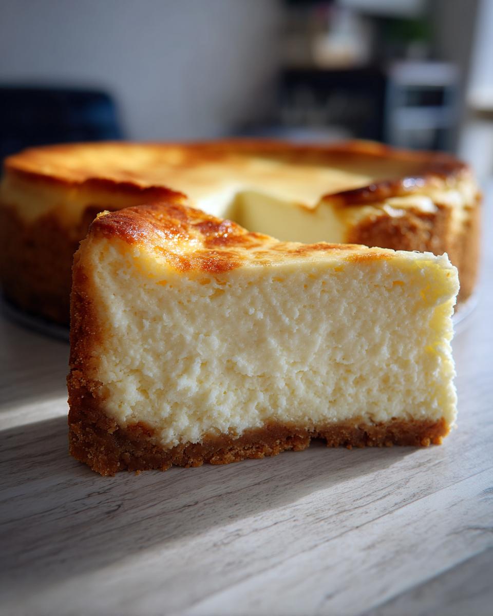 A thick slice of creamy new york cheesecake with a golden-brown top and graham cracker crust, set before the rest of the cake.