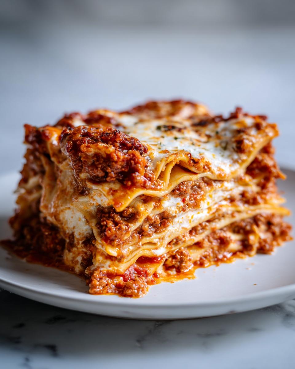 A tall, layered slice of rich meat and cheese lasagna served on a white plate.