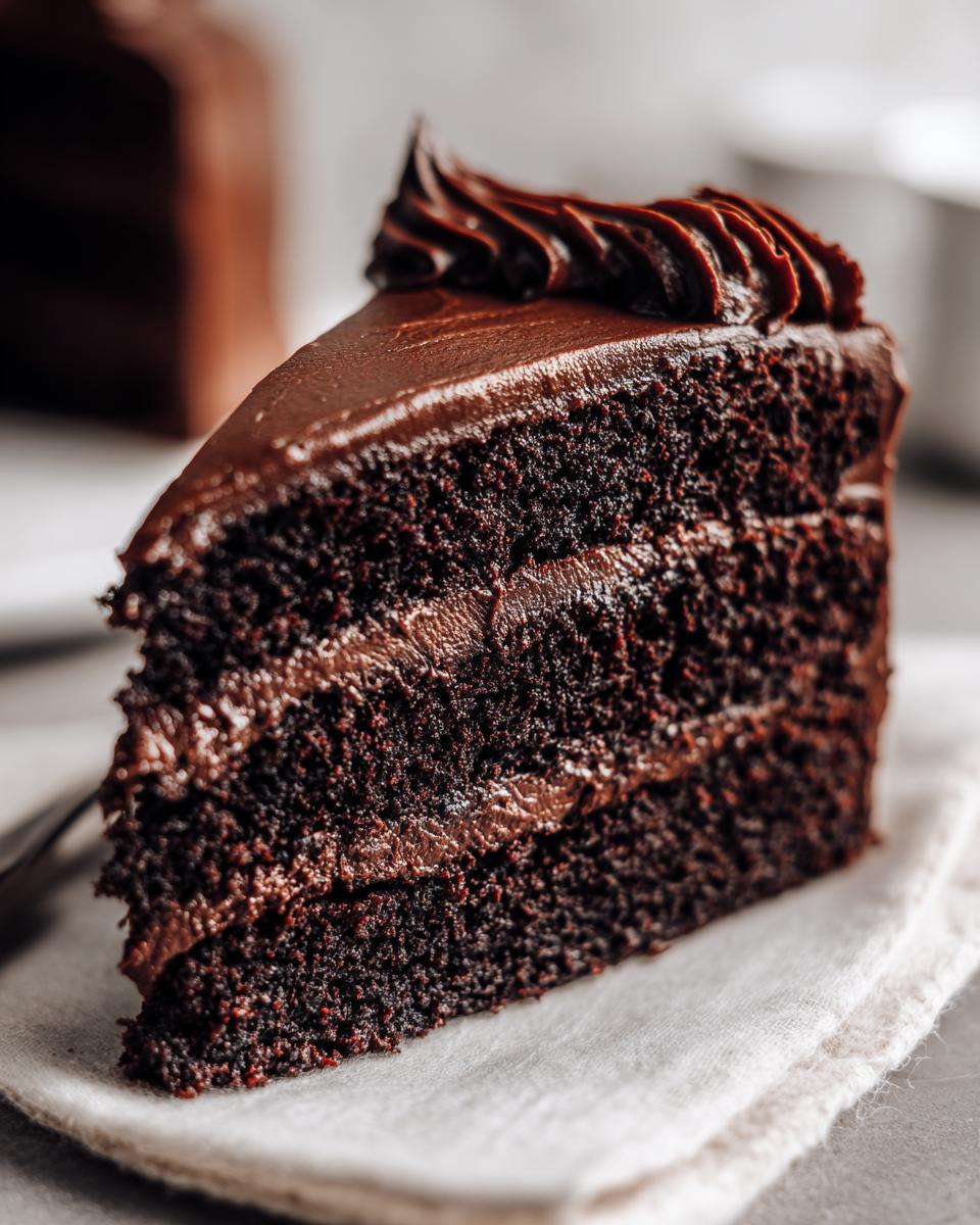 Close-up of a moist, three-layer slice of chocolate cake covered in thick chocolate frosting.