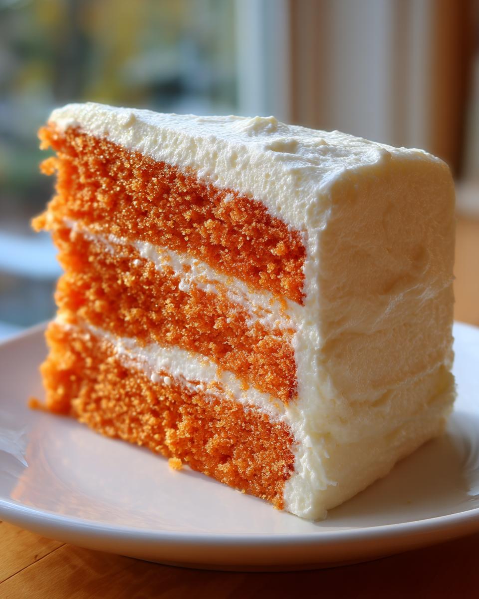 A tall, moist slice of three-layer Creamsicle Cake with bright orange sponge and thick white cream cheese frosting.