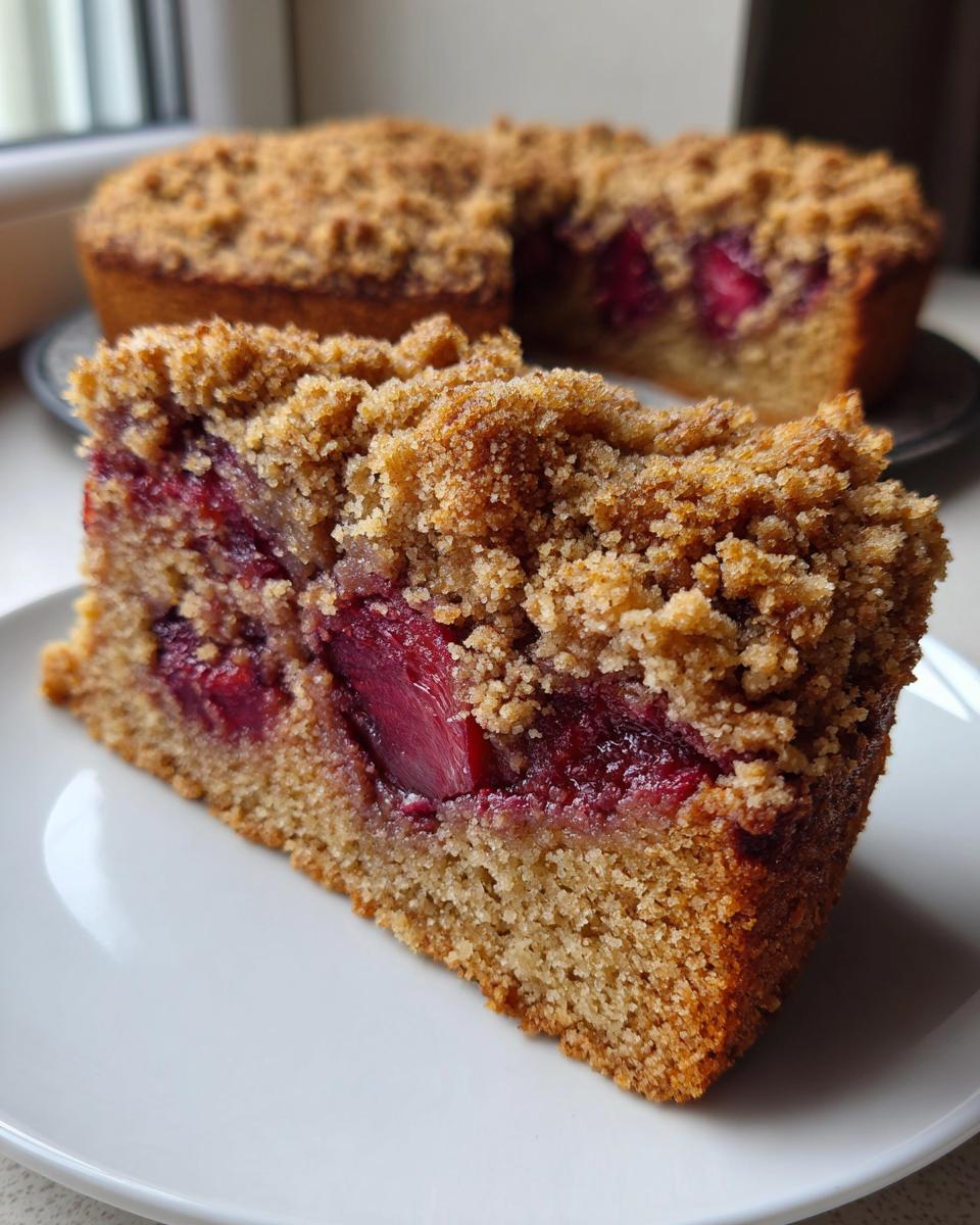 A close-up slice of moist plum cake with visible baked plums and a thick, golden crumb topping, with the rest of the plum cake blurred in the background.