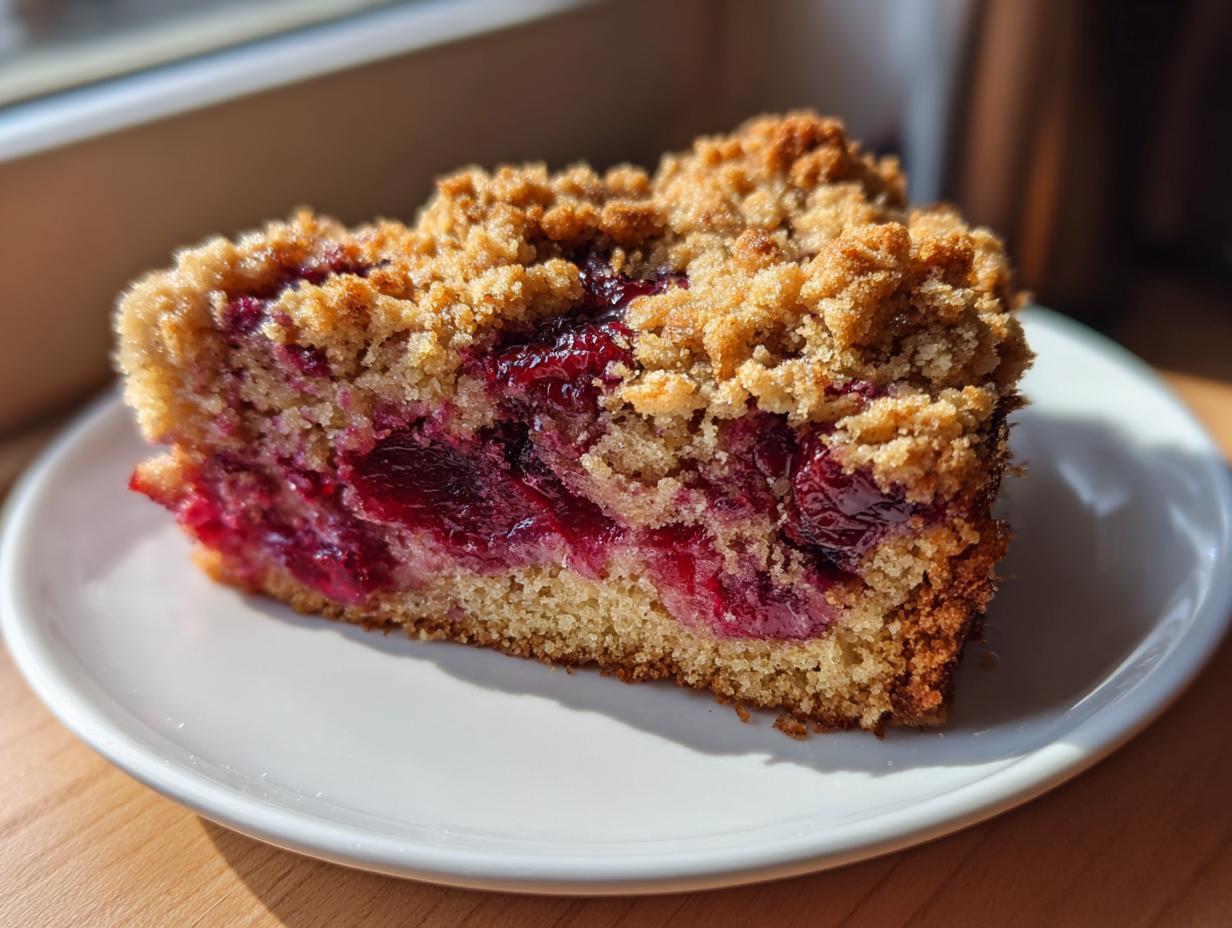 A close-up view of a moist slice of plum cake featuring a rich layer of dark red plums and a crunchy streusel topping.