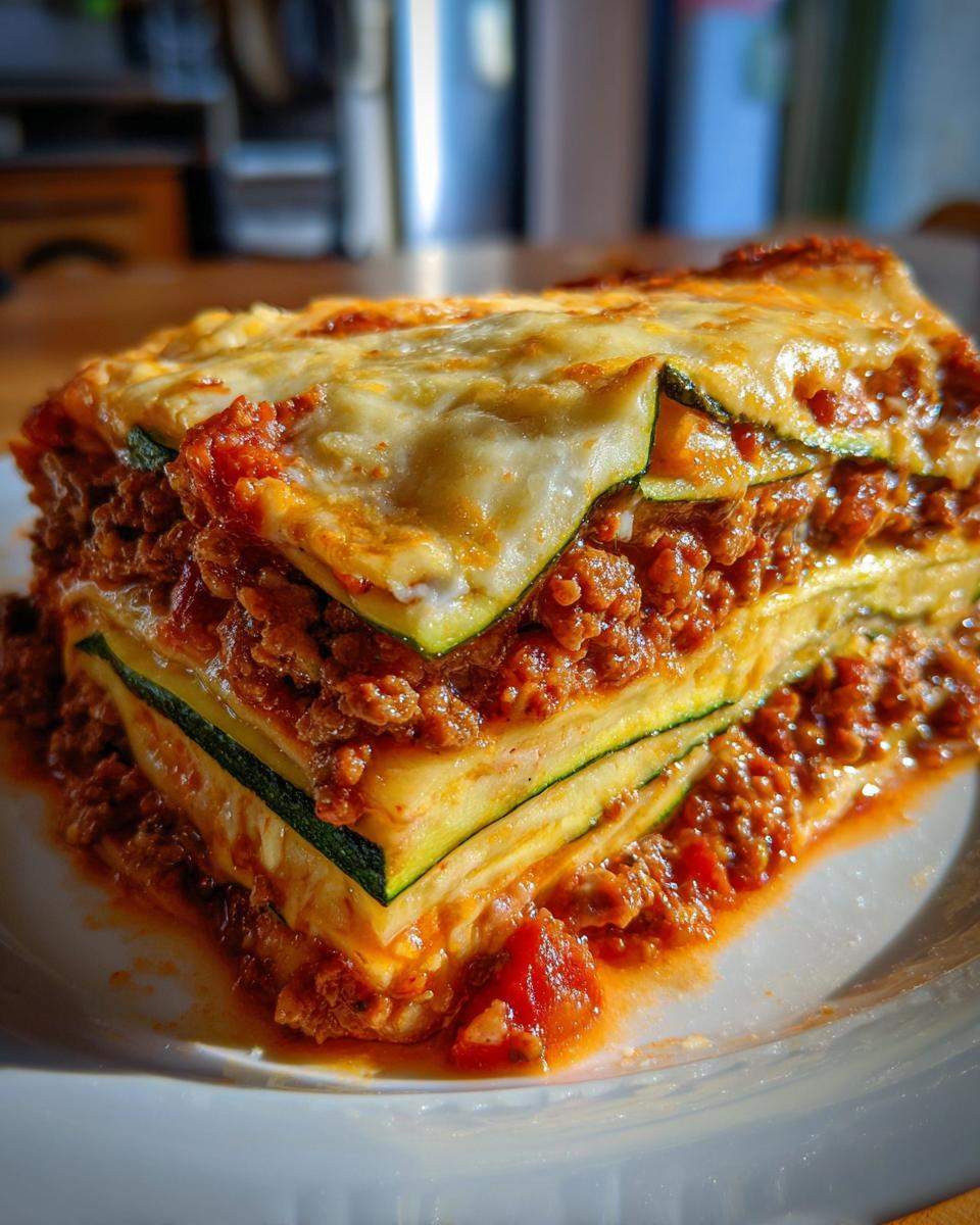 A close-up, appetizing slice of zucchini lasagna layered with meat sauce and melted cheese.