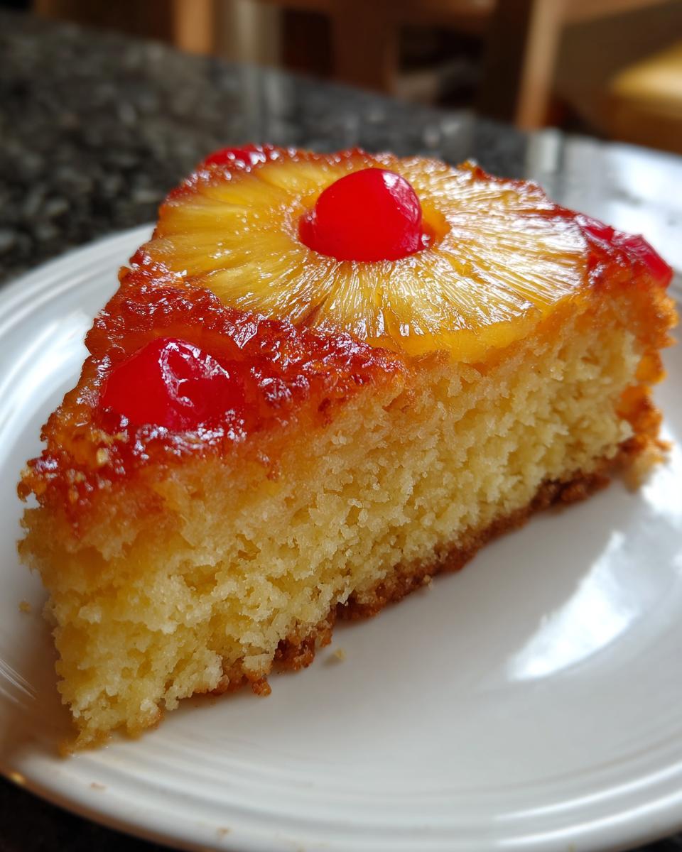 Close-up of a moist slice of pineapple upside down cake topped with caramelized pineapple and maraschino cherries.