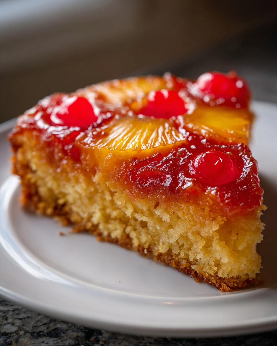 Close-up of a moist slice of pineapple upside down cake topped with caramelized pineapple and maraschino cherries.