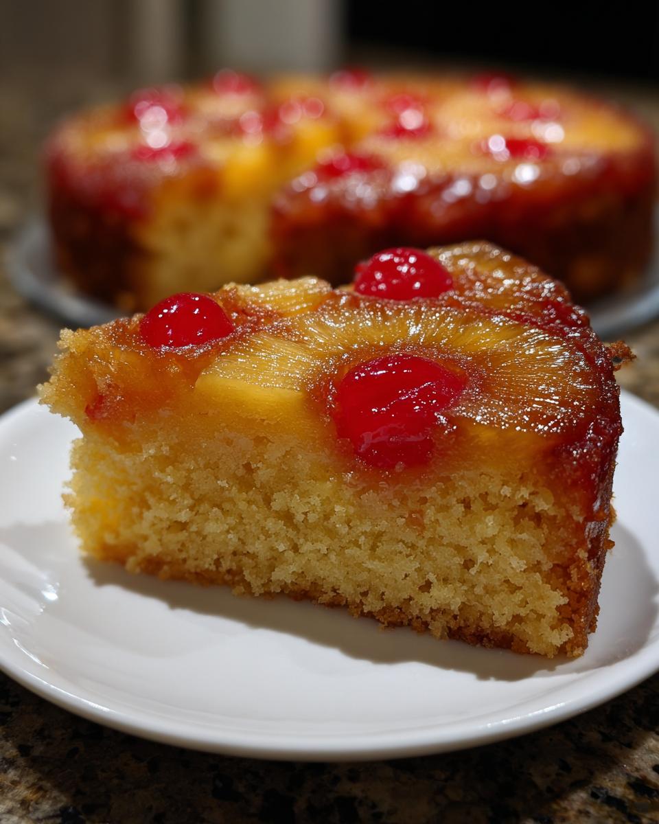 A close-up slice of moist pineapple upside down cake topped with caramelized pineapple rings and bright red maraschino cherries.